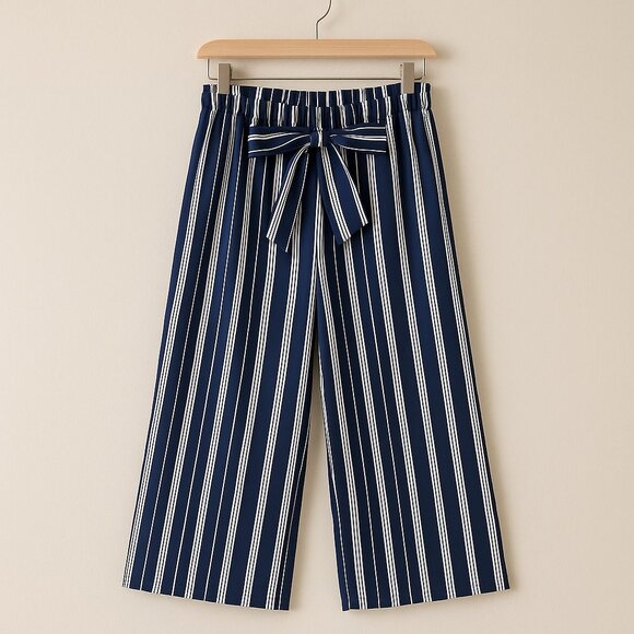 SHEIN Navy White Striped Wide-Leg Pants Adjustable Waist Tie Belt XXL - Picture 1 of 8